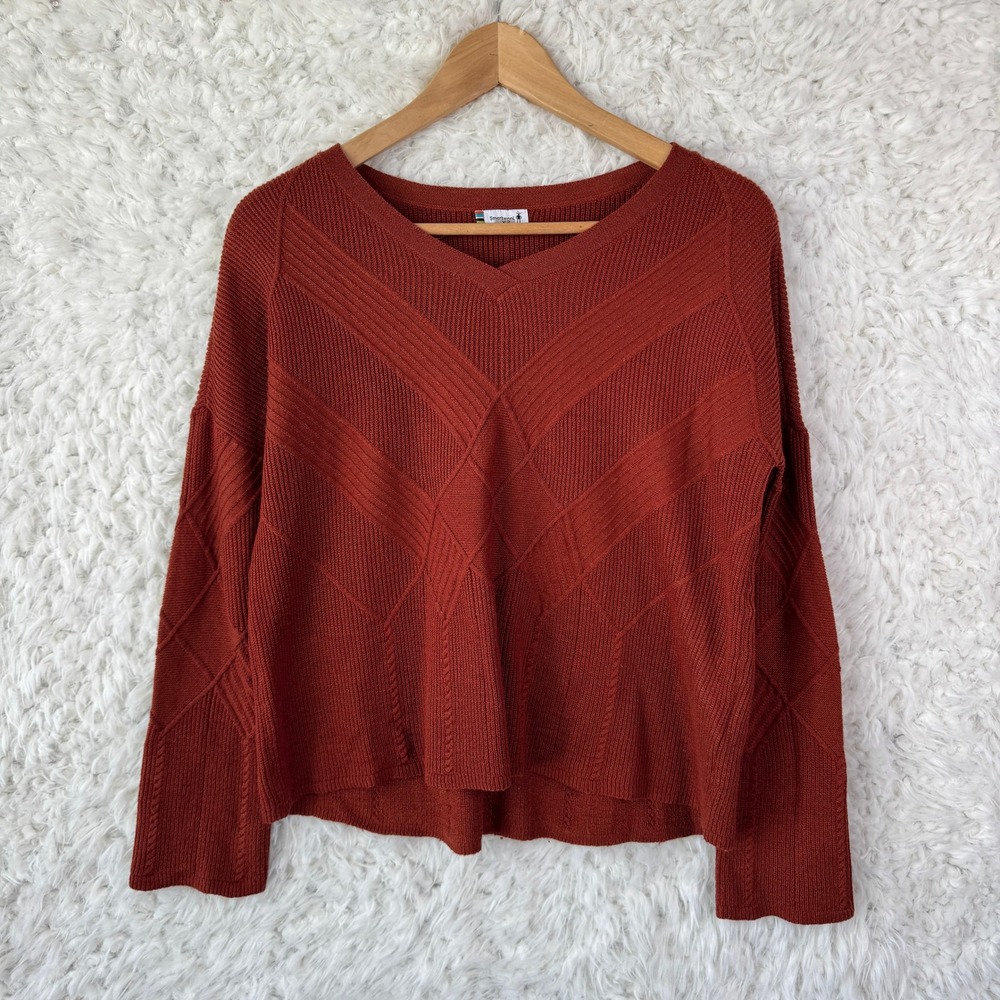 Smartwool V-Neck Sweater XS Rust Orange Merino Wool Blend‎ Chevron Knit Gorpcore
